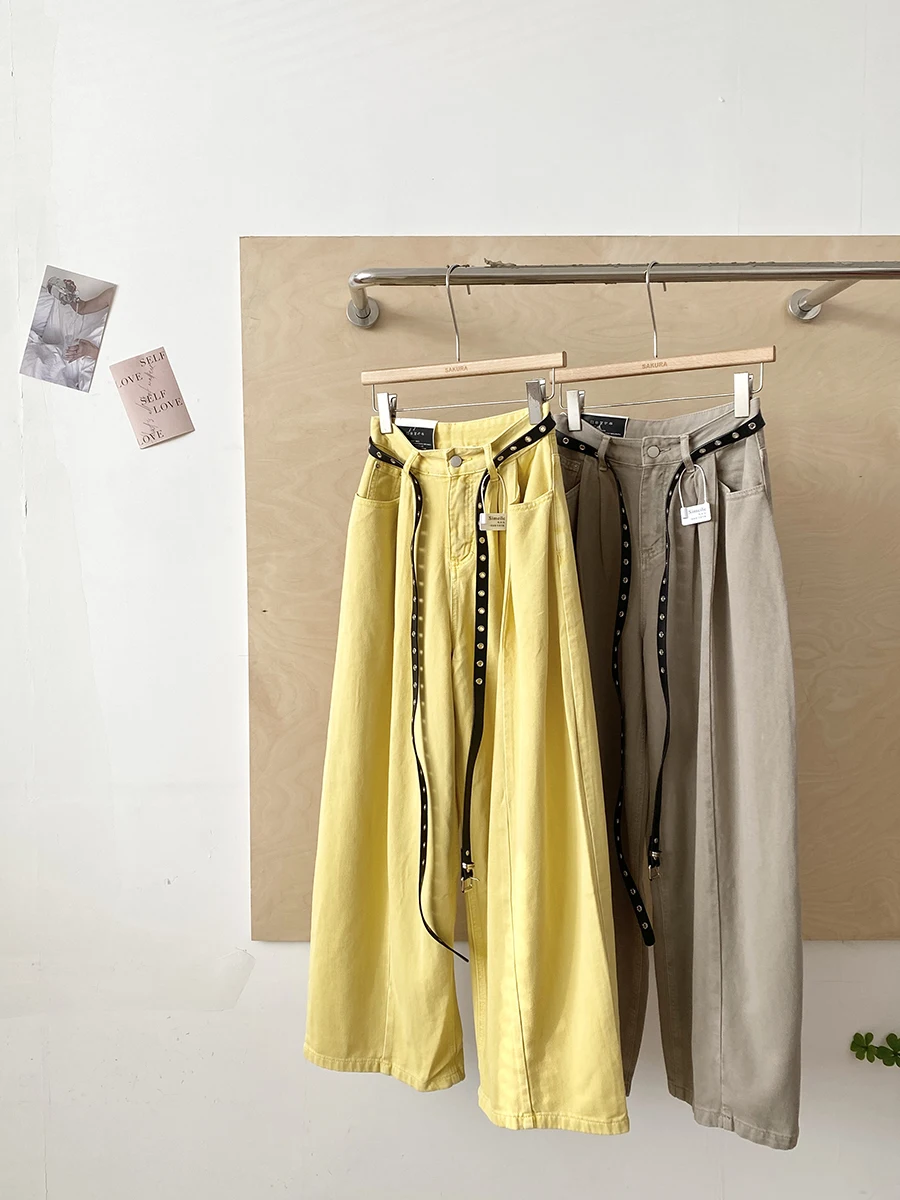 

Весна 2026: Стильные универсальные женские джинсы с высокой талией и широкими штанинами, свободного кроя, с поясом, повседневный стиль, полиэстер