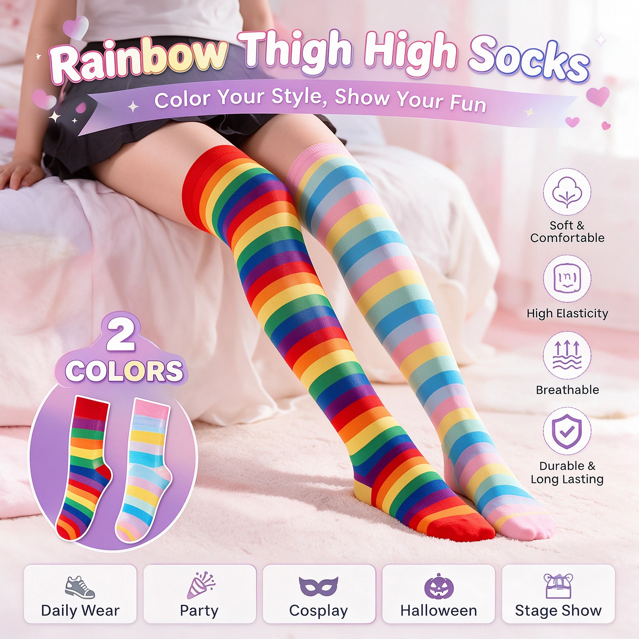 Soft Elastic Rainbow Striped Thigh High Socks Over Knee Long Stockings for Daily Wear Party Cosplay Halloween Costume Set