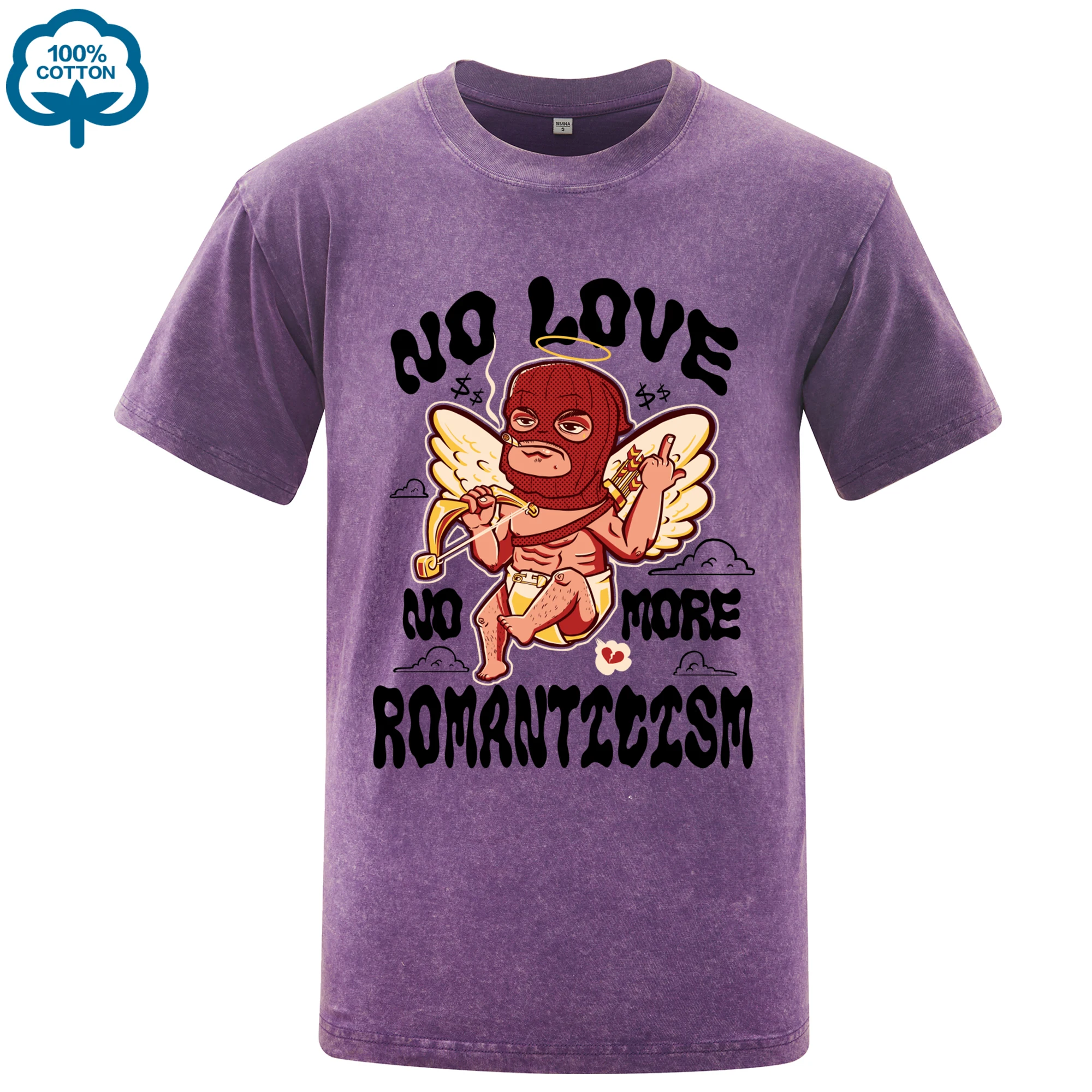 

No Love No More Romanticism Baby Angel Print Washed Tee Shirt Man Cotton Hip Hop T-Shirts Street Soft Top Crewneck Loose Clothes