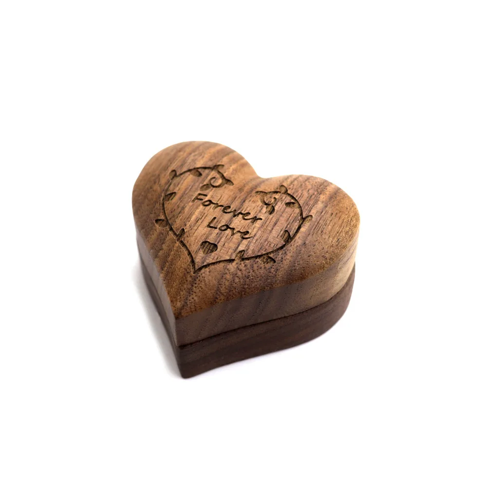 

Forever Love Logo Heart Shape Black Walnut RIng Box MIni Proposal RIngs Wood Case Wedding Valentine's Day Women Gift Jewel Box