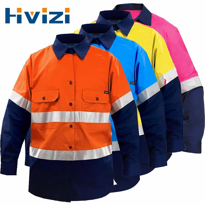 Hi Vis-camisa de trabajo de alta visibilidad para hombre, ropa de seguridad para construcción, 100% algodón, dos tonos