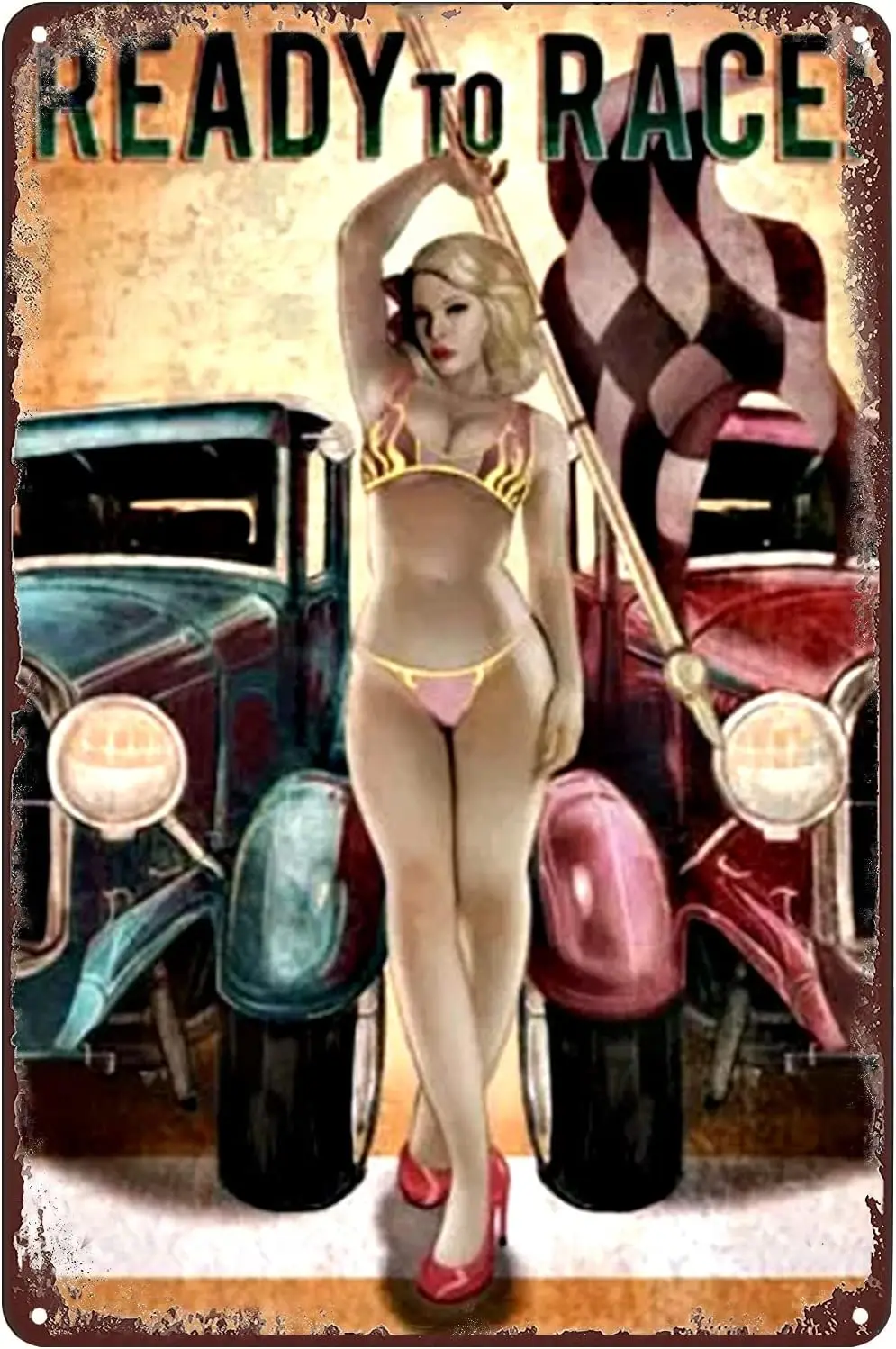 Pin-up Girl Sexy Woman Metal Poster Ready to Race Hot Rod Vintage Tin Sign Wall Art Decor Plaque for Home Bar Pub Club Gara sign