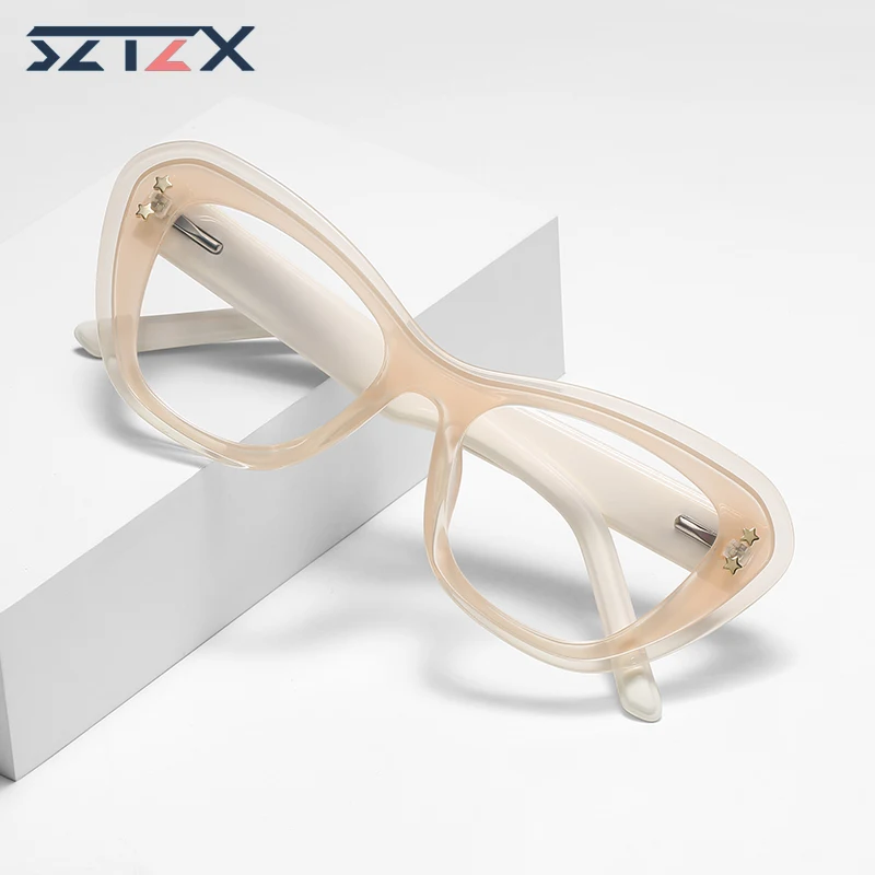 

SZTZX Women's Fashion Punk Cat Eye Eyewear Anti Blue Light Reading Prescription Glasses Lady Myopia Hyperopia Computer Glasses