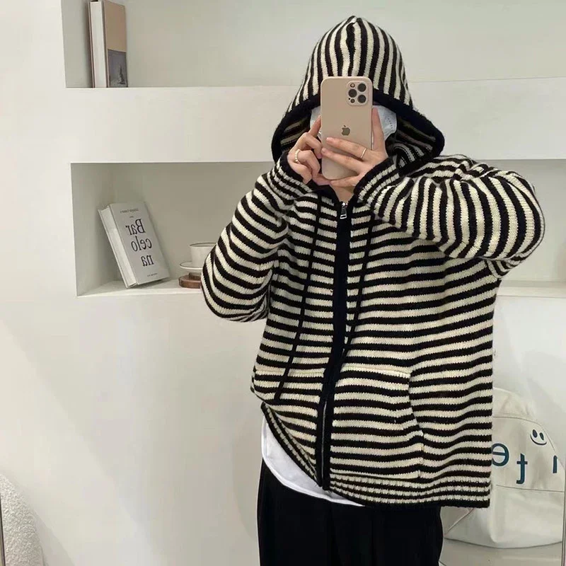 Autumn Winter Red Stripes Hooded Knit Cardigan Woman Korean Fashion Loose Casual Sweater Zipper Coat Oversized Long Sleeve Top