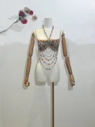H80&S90 Amazing Women Crystal Stone Beaded Party Halter Tank Top Beachwear Hot Sexy Lingeie Fashion Handmade Holiday Body Chain