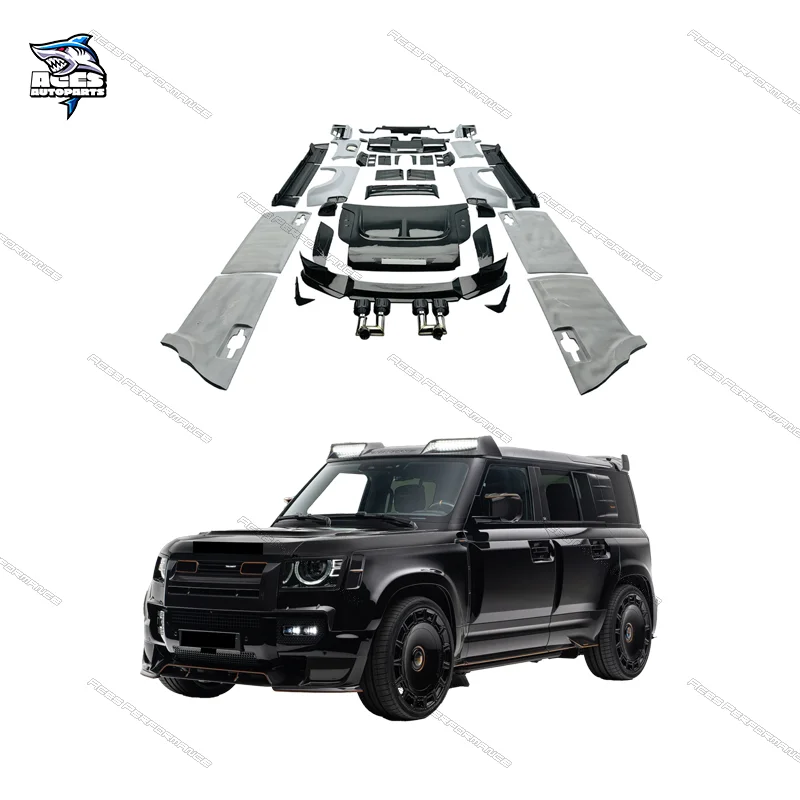 طقم جسم عريض من ألياف الكربون الجافة على طراز M لسيارة لاند روفر ديفندر محرك غطاء محرك السيارة سقف سبويلر طقم تحويل غطاء العجلة الاحتياطية