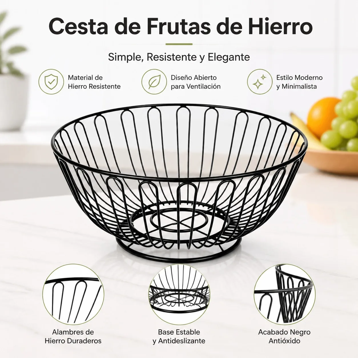 Corbeille à fruits circulaire en fer noir, corbeille à fruits ventilée en fil métallique, design incurvé pour cuisine et salle à manger