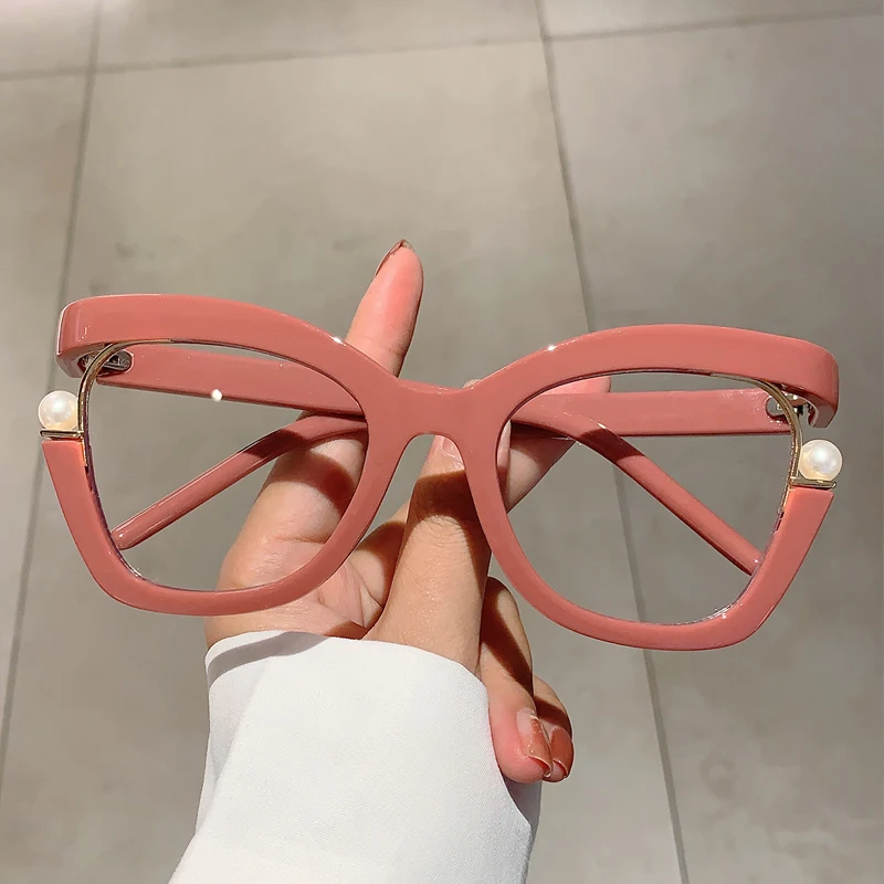 KAMMPT Oversized Cat Eye Women Eyeglasses with Pearls Stylish Blue Light Blocking Spectacles Trendy Multicolor Computer Eyewear