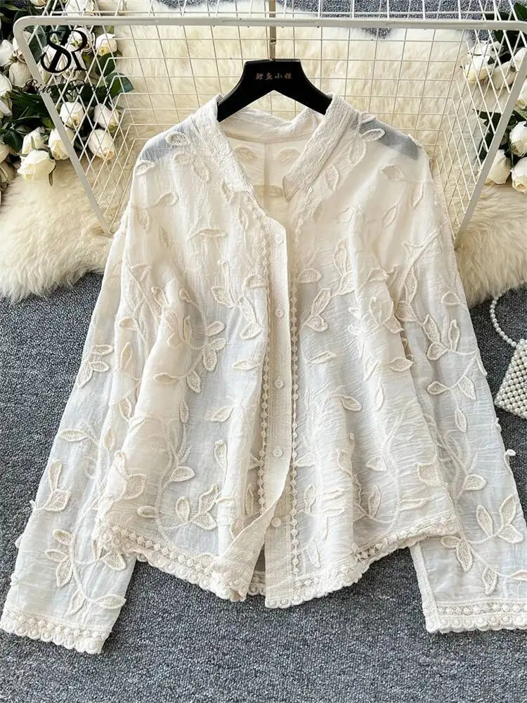 

SINGREINY 2021, весенняя нежная женская блузка с вышивкой в виде листьев, однобортная летняя тонкая уличная рубашка с длинными рукавами, повседневная рубашка