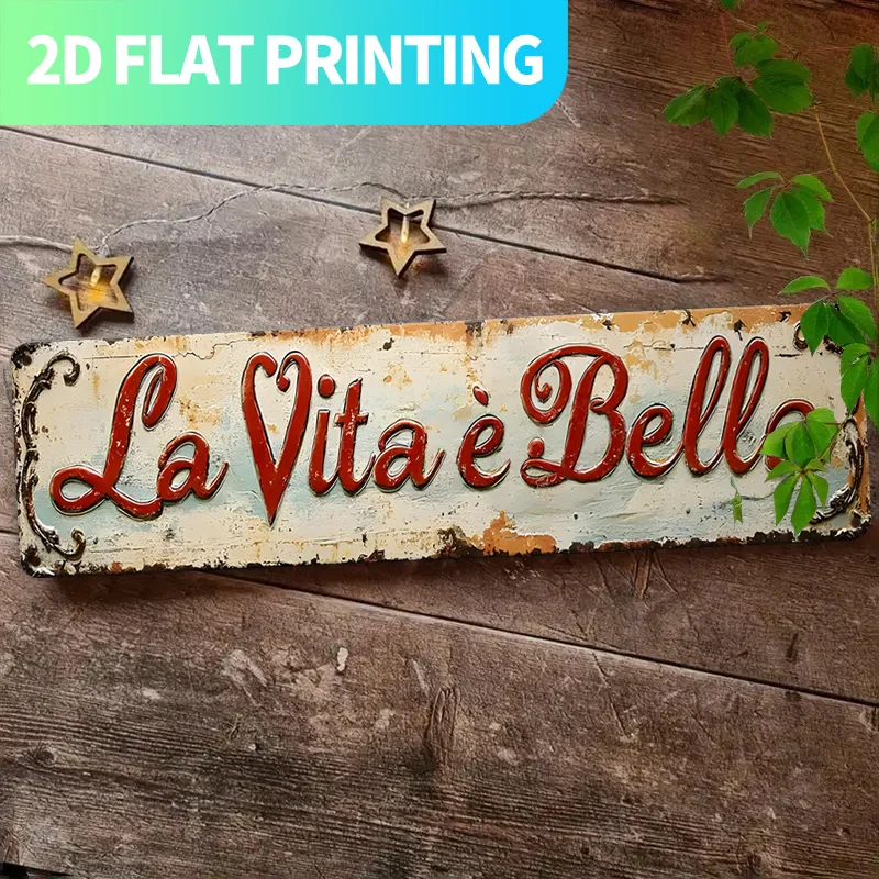 Plaque Métallique 2D Vintage La Vita È Bella, Rouge Beige, Style Ferme, pour Cuisine, Porche, Salon, Décoration avec Phrase Italienne, Cadeau