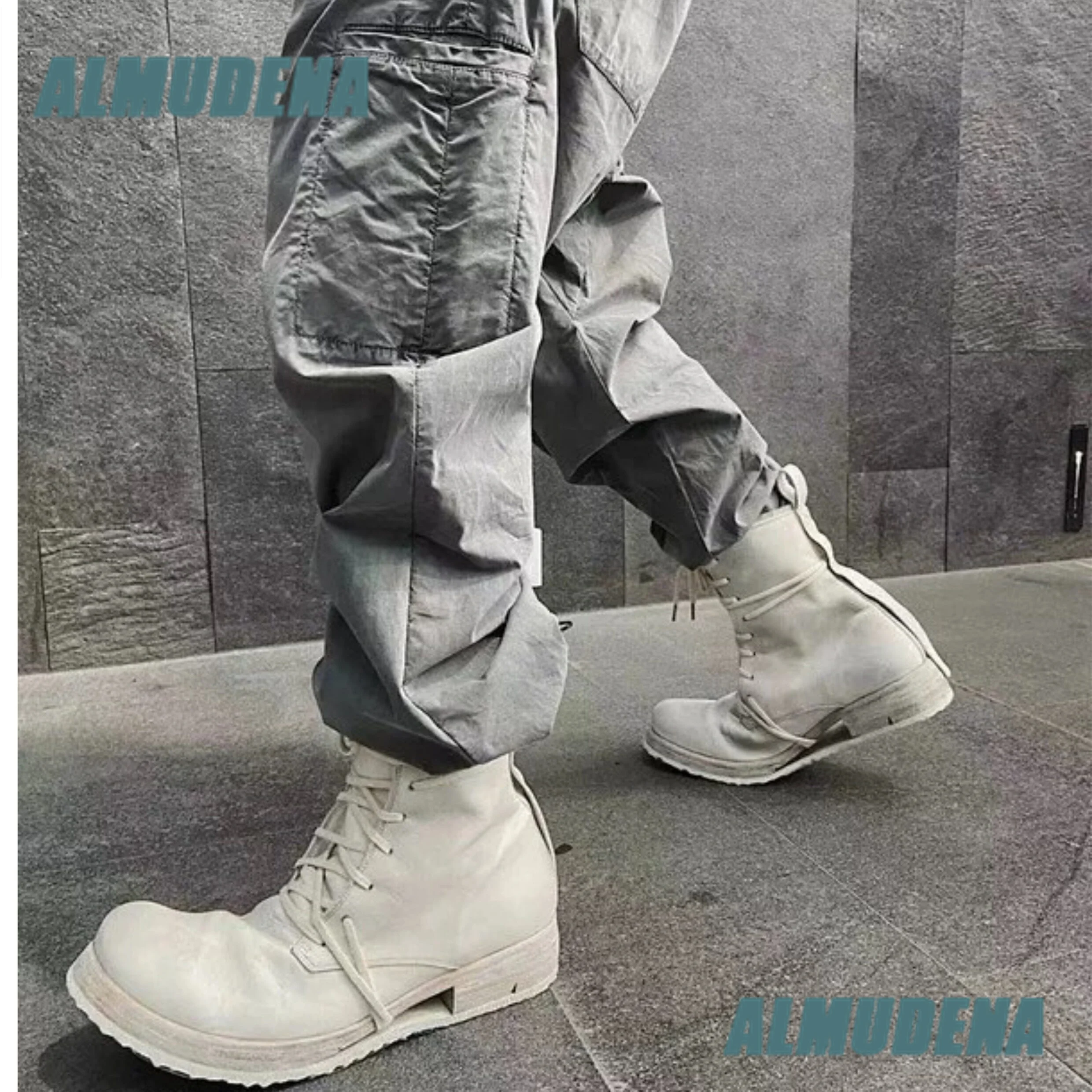White Leather Multi Wrap Laces Motorcycle Boots Vintage Mid Calf Thick Sole Mid Calf Boots Luxury Designer Autumn Men's Boots