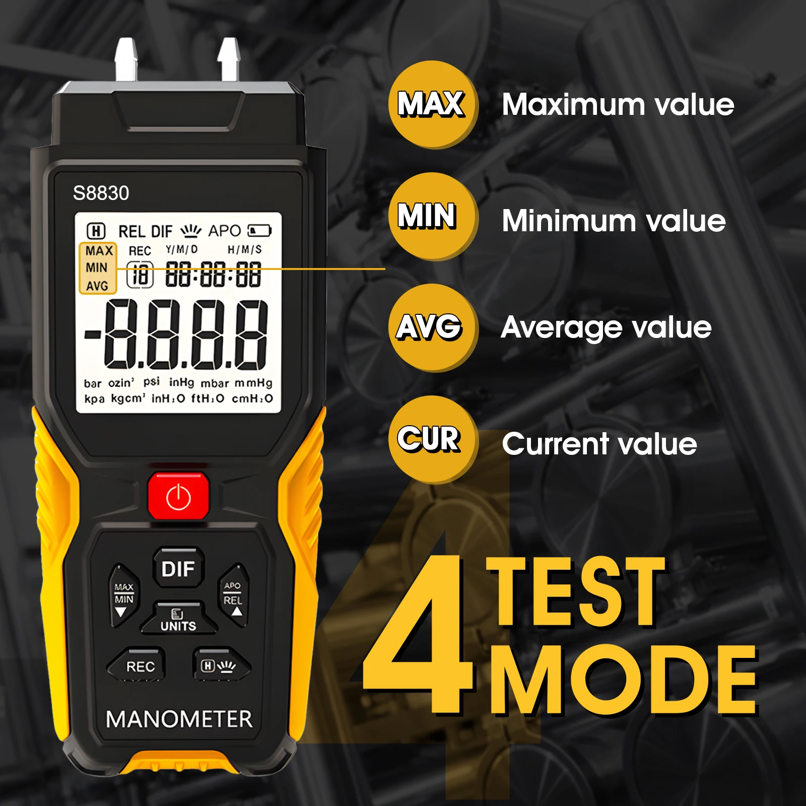 

Digital Differential Pressure Gauge ±36.80 KPa, 0.1 Resolution, 12 Units, Dual Port HVAC with Overpressure Alarm & Data Memory
