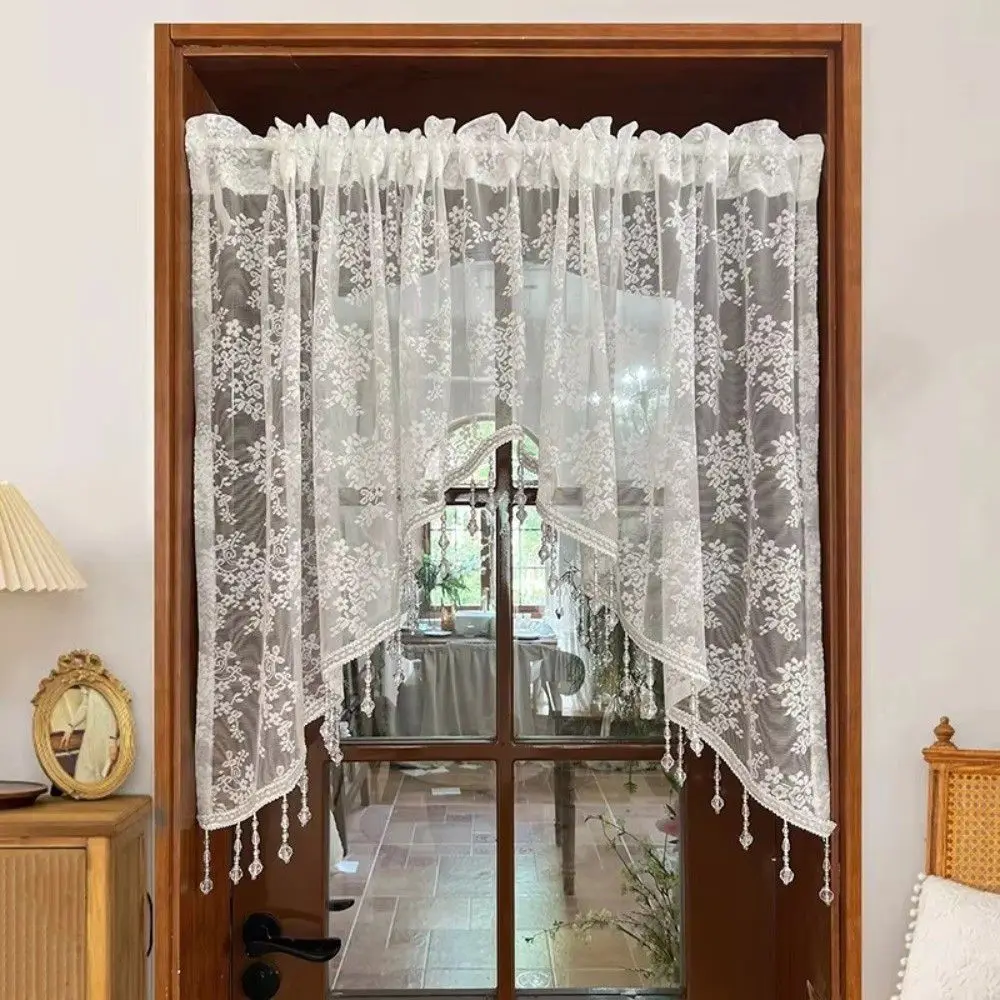 French Style Half Curtain Vintage With Beaded Lace Triangle Curtains Romantic Bohemian Flower Tulle Kitchen Curtain Bedroom