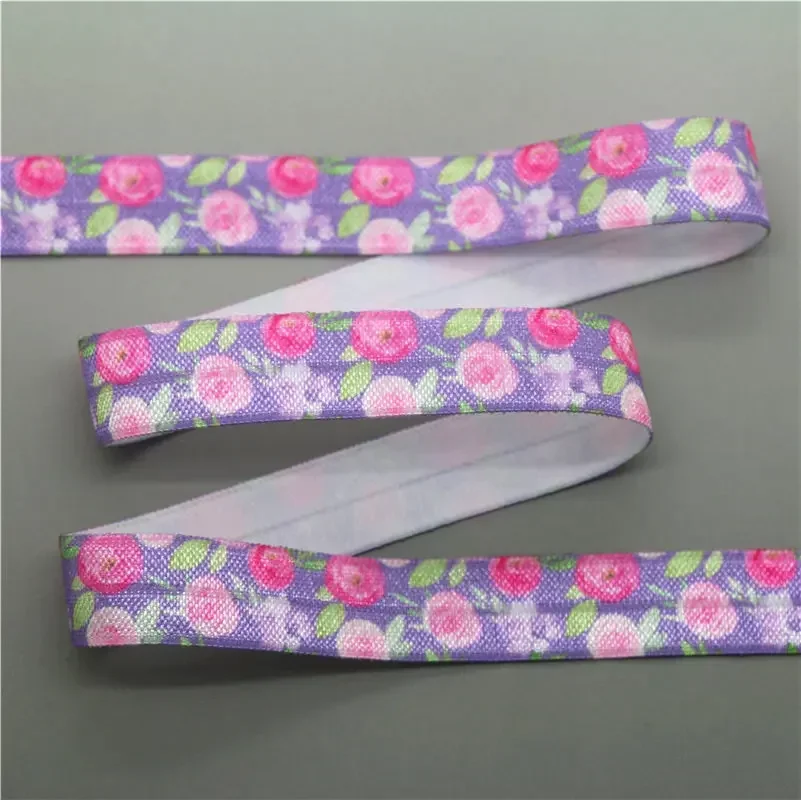 5/8'' 5yards Cherry Beautiful flowers Printed Fold Elastic FOE Stretch Ribbon Decorations Craft DIY Sewing E21940