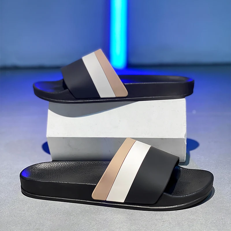 

Летние мужские цельные шлепанцы с цветными блоками, модные нескользящие быстросохнущие пляжные тапочки большого размера с плоской подошвой