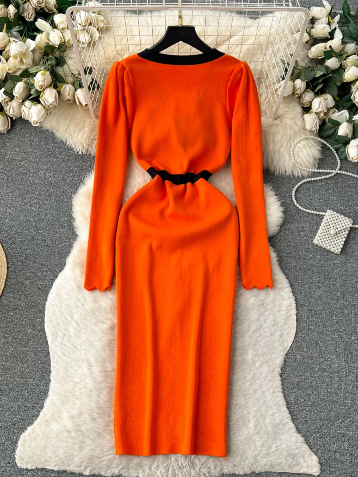 Ele Knitted Long Dr Women's Autumn Winter High Waist Knot Single Button Design Super Fairy T Lady Dr