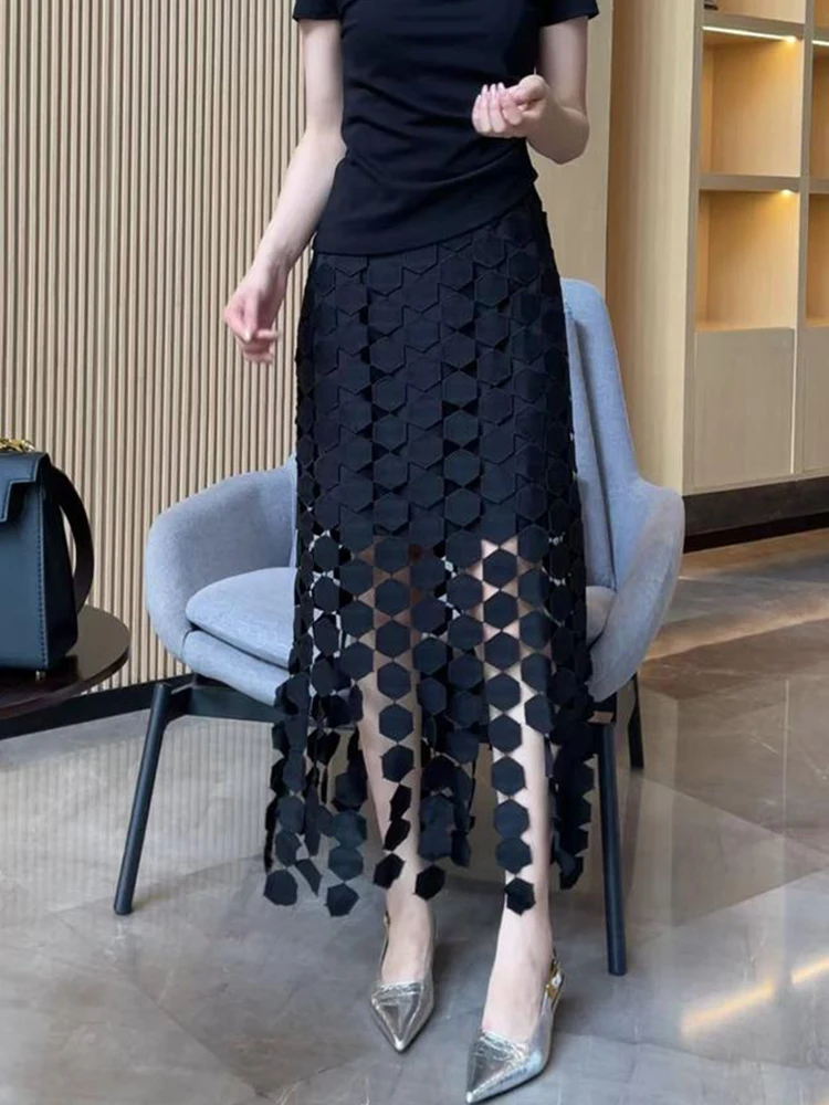 

Summer 2025 Women's Tassel Trim Midi Skirt Embroidered Patchwork A-Line Long Skirt High Waist Korean Sle Pure Color
