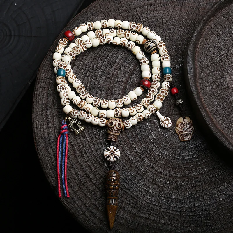 

Tibetan-Style Recycled Bone Carving108-Bead PrayerBeads with A-Dai Tung Beads Agate Tian Zhu and Bone Artifact Cow Bone Bracelet