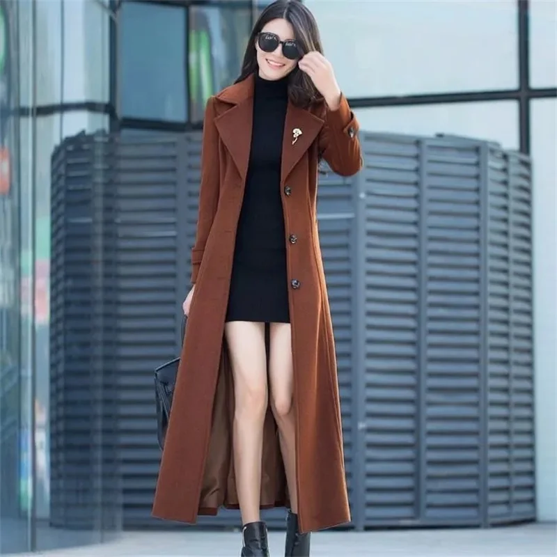 Women Temperament Woolen Jacket 2023 Winter Female New Thickened Woolen Coat Slim Hepburn Style Super Long Over-the-knee Jacket