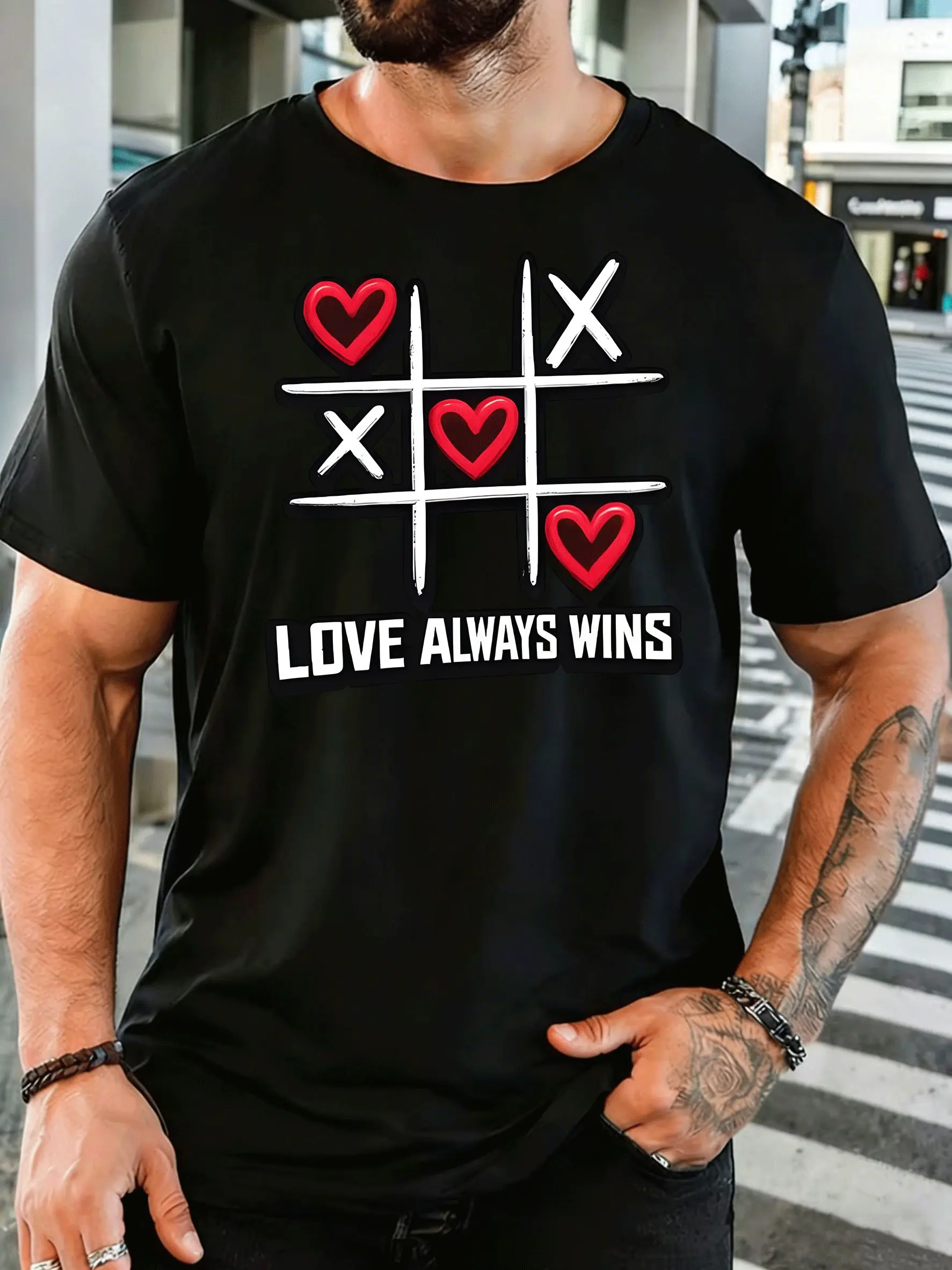 Tic Tac Toe Heart Love Always Wins Mens Front Print T Shirt Romantic Game Graphic Tee Casual Short Sleeve Valentine Lover Gift