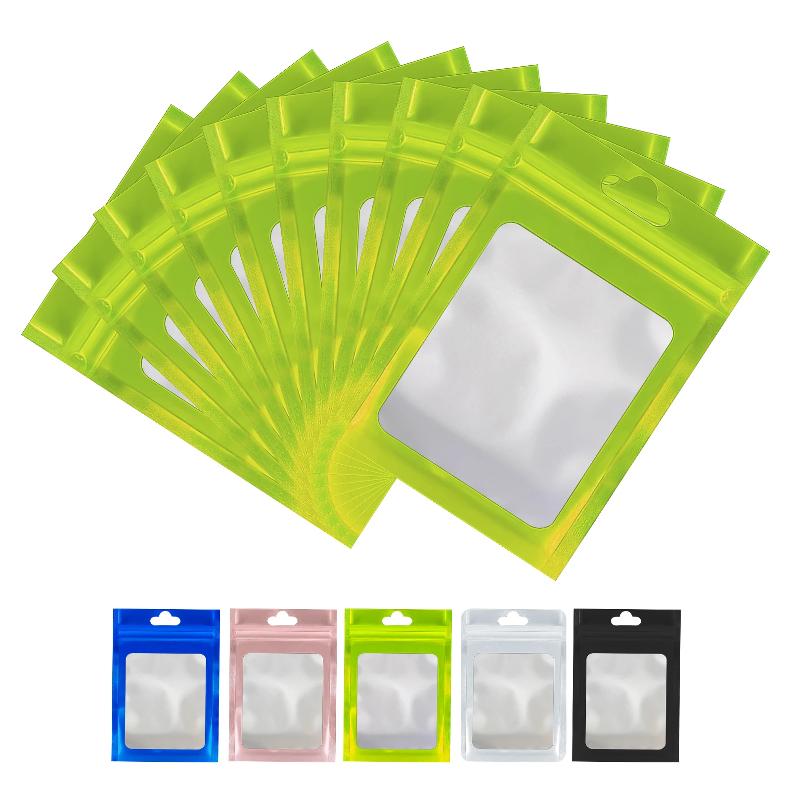 100Pcs/Lot Matte Green Aluminum Foil Clear Plastic Bag with Hang Hole Zip Lock Grip Seal Tear Notch Resealable Food Bean Pouches