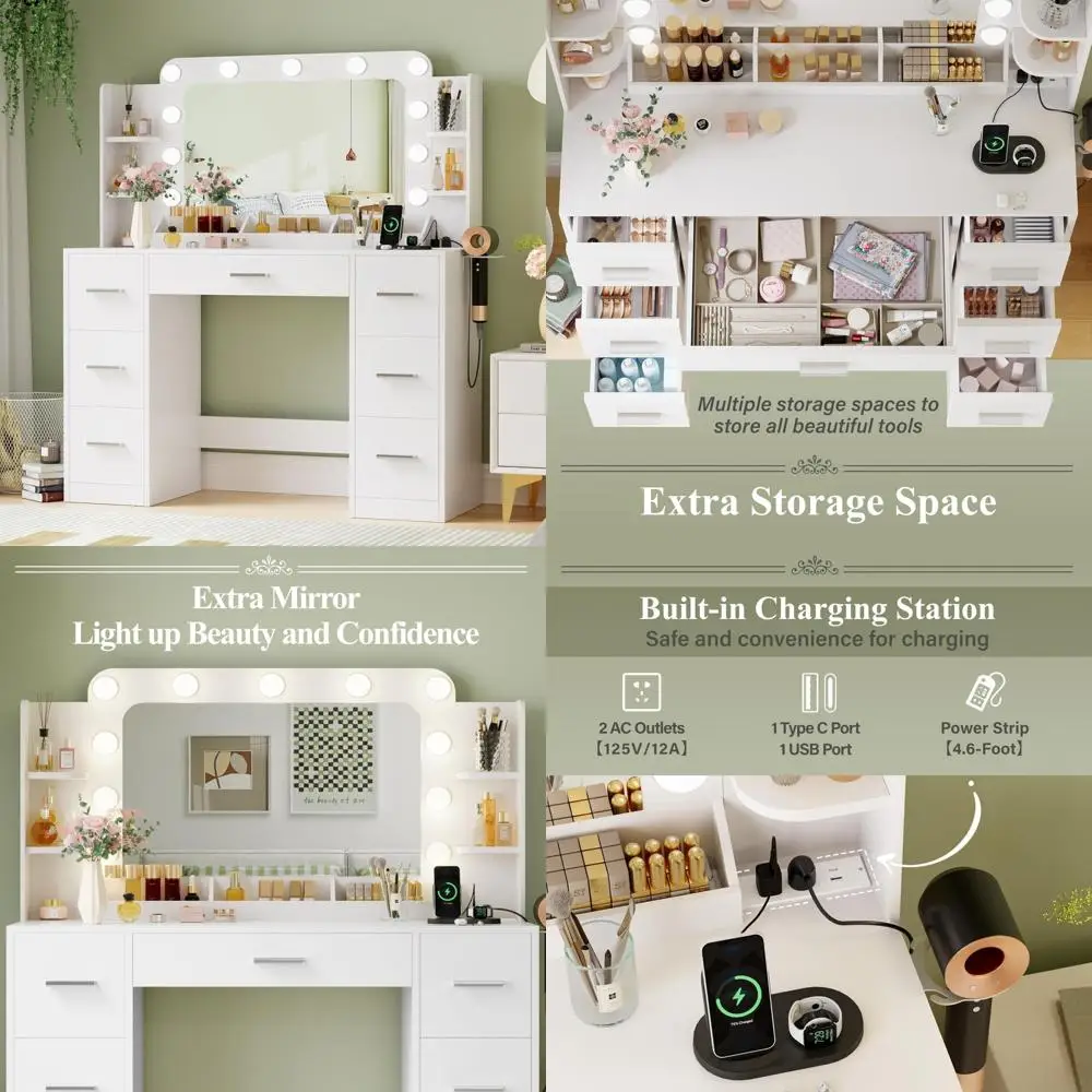 makeup vanity desk with large mirror and lights, vanity with power strip and hairdryer holder, 6 open shelves and 7 drawers mod