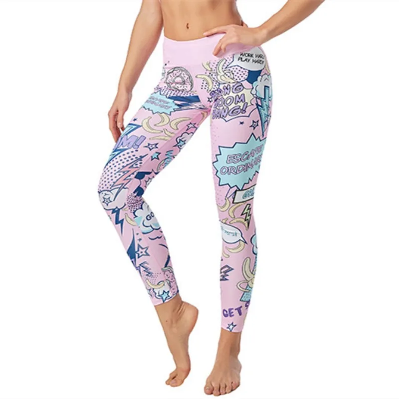 Printed Pants Bottoms Women\'s Sports Fitness Bra Yoga Suit Explosive Cartoon Letter Pattern Absorb Sweat Breathable Sweat