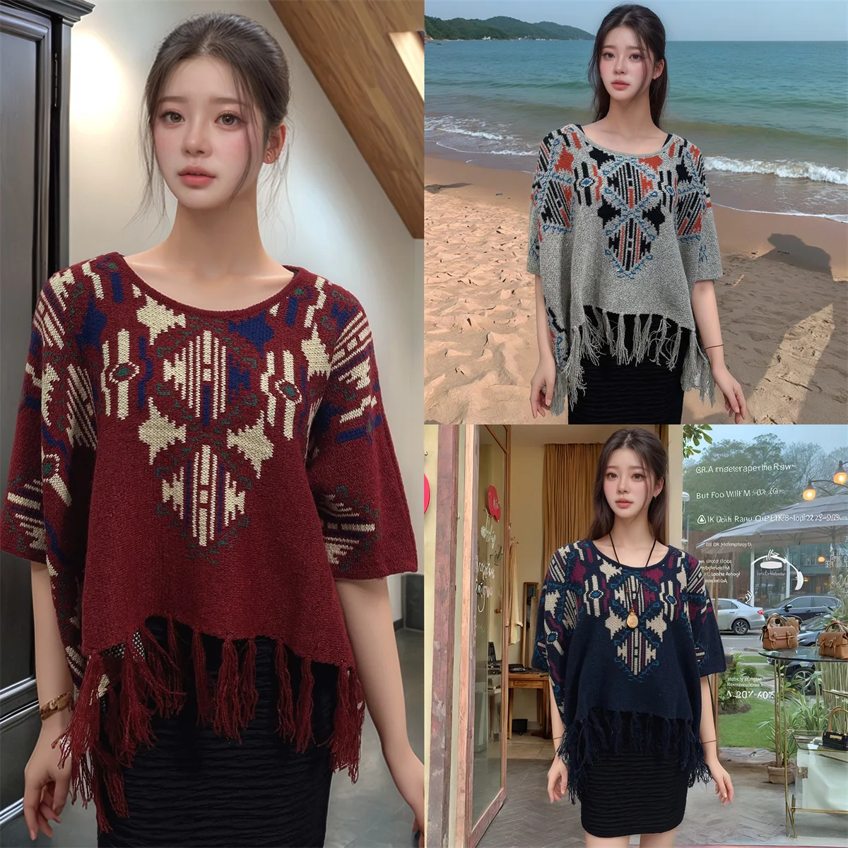 Spring  Autumn Poncho women's loose tassel pullover knitted cloak ethnic style short version cape shawl
