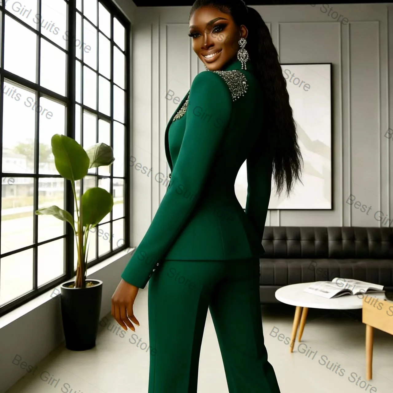 

Green Crystals Women Suit Set 2 Piece Blazer+Pants Trousers Spring Cotton Formal Office Lady Jacket Customized Wedding Coat