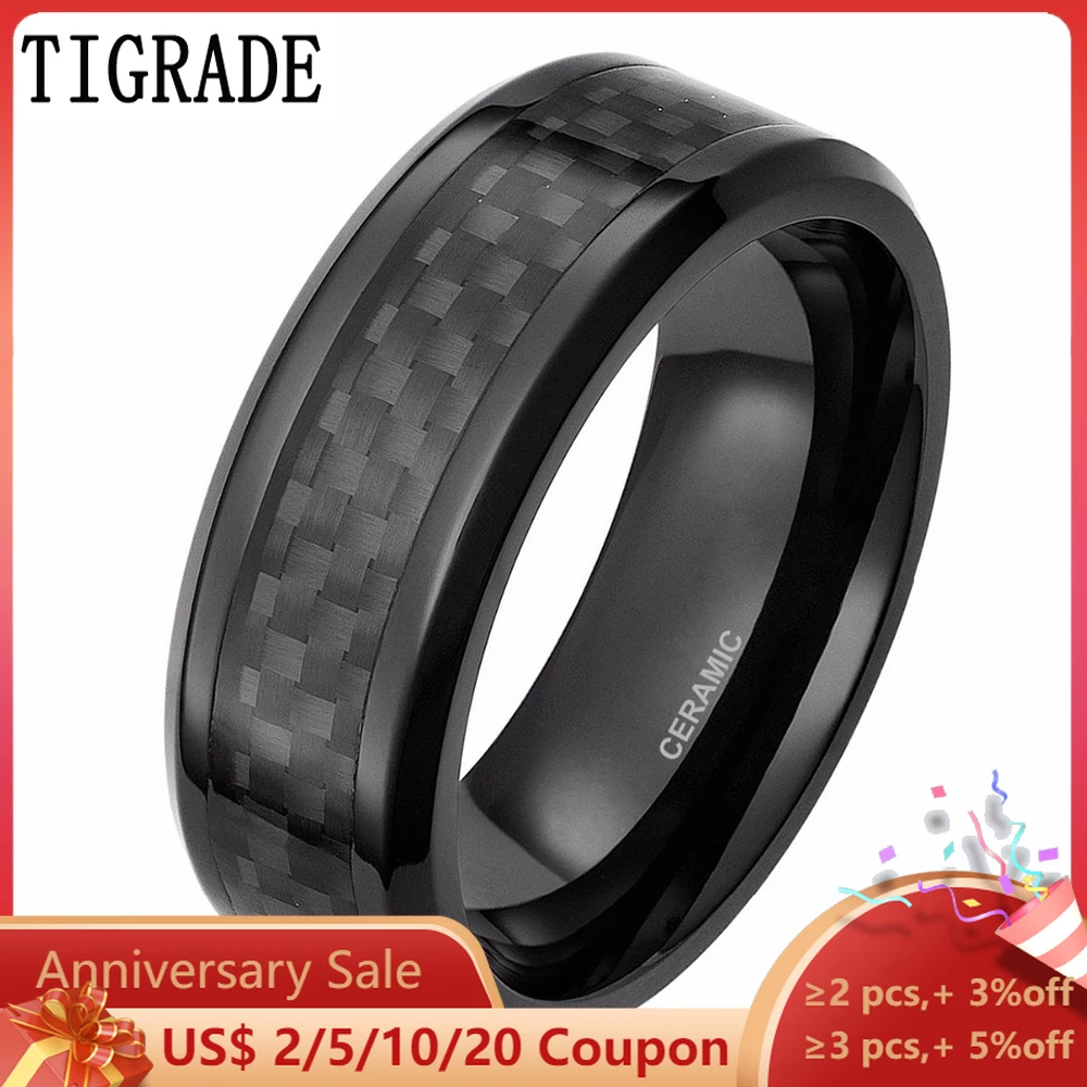 TIGRADE 6/8mm Men\'s Black Rings Carbon Fiber Inlay Ceramic Ring Wedding Band Dark Male Jewelry Finger Band Unique anillo hombre
