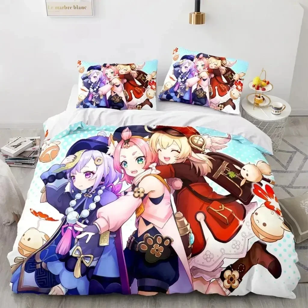 

Anime Genshin Impact Xiao SUCROSE Qiqi Bedding Set Printed With Pillowcase Bed Duvet Cover Soft Queen King Size Bedclothes Home