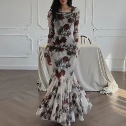 Fashion Women's O-neck High Waist Slim Party Dress Elegant Long Sleeved Pleated Dresses Romantic Rose Flower Print Mermaid Dress