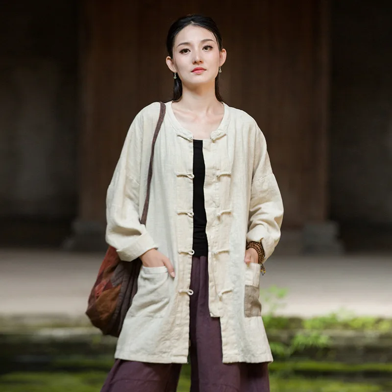 Fall 2025 original ramie linen open-front coat. Zen-Nomad style artistic women's outerwear.