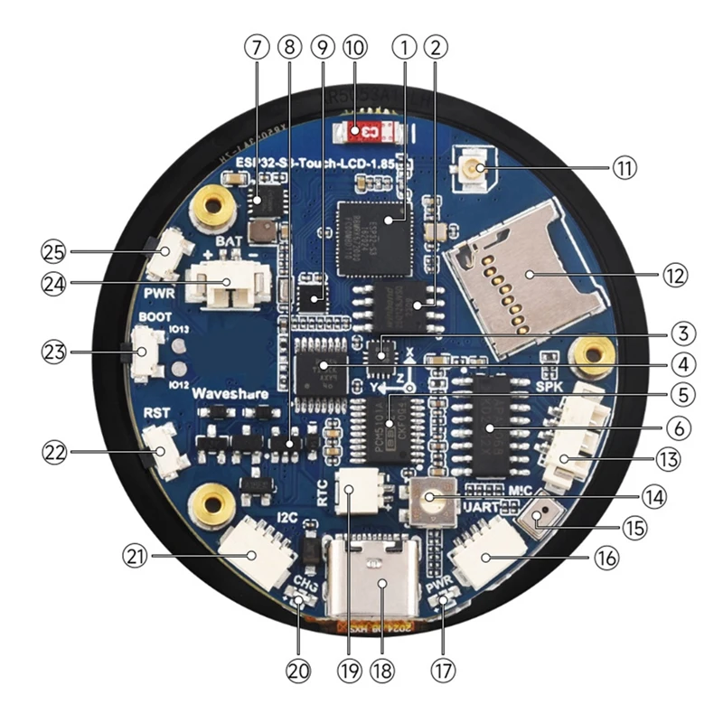 DN-ESP32-S3 1,85-дюймовый круглый дисплей, макетная плата, 32-битный двухъядерный процессор LX7, экран 360X360 для Wi-Fi и Bluetooth