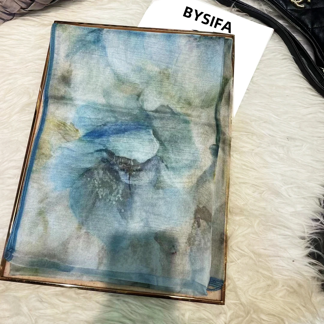 

BYSIFA Fashion Floral Women 100% Silk Long Scarves New Blue Ladies Chiffon Silk Scarf Summer Foulard Winter Brand Scarves Shawls