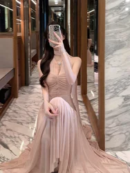 Elegant Wedding Evening Party Midi Dresses for Women 2024 Summer New Spliced Mesh French Sexy Sleeveless Pink Female Clothing