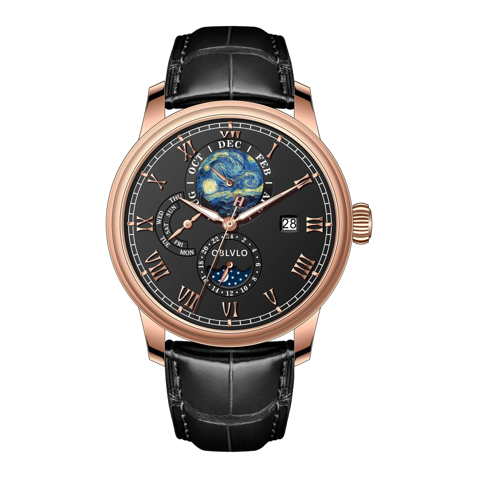 OBLVLO Men's Automatic Mechanical Watch 42mm Fashion Wristwatch 5ATM Waterproof Luminous Day Date 24H Multi Dial