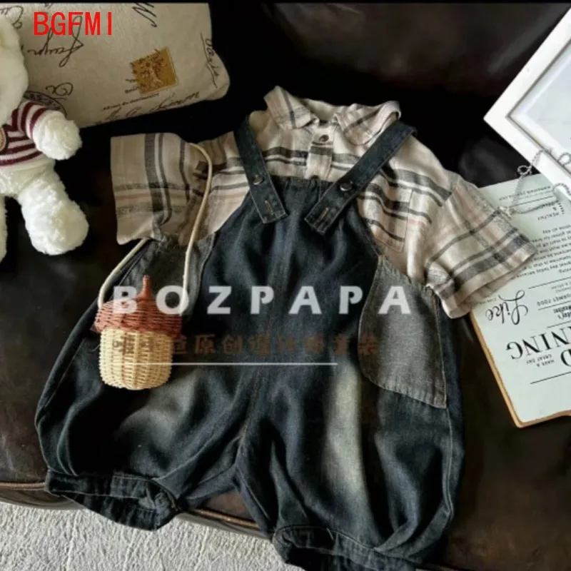 Summer Children Clothes Kids Boys Girls Denim Overalls Set Korean Infants Short Sleeved Plaid Shirt Calf-Length Shorts 2pcs Set