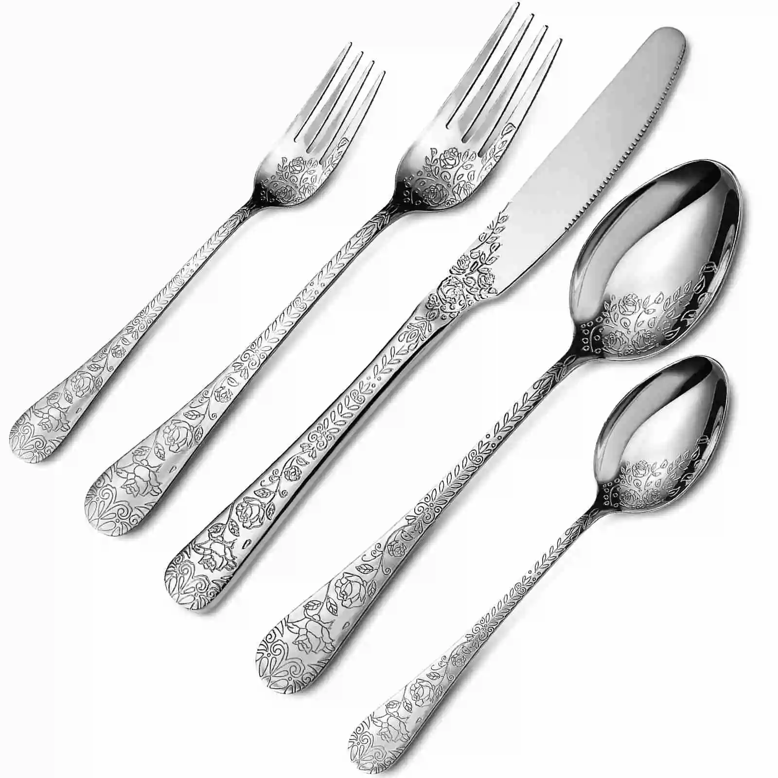 Besteckset aus Edelstahl mit Blumengravur, Messer, Gabel, Löffel, Besteckset für die Küche zu Hause, 20 Stück