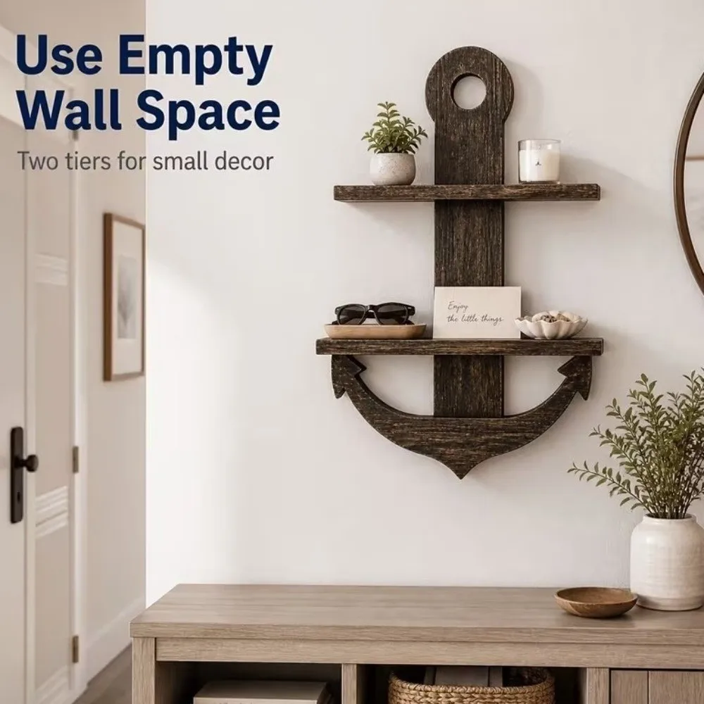 Wooden Anchor Design Wall Shelf Double-Layer Nautical Style Floating Shelves Retro Modern Wall Mounted Shelf Wall Decor