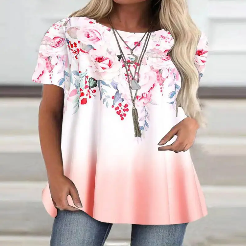 

Plus Size Women Short Sleeve Scoop Neck Gradient Floral Printed Top