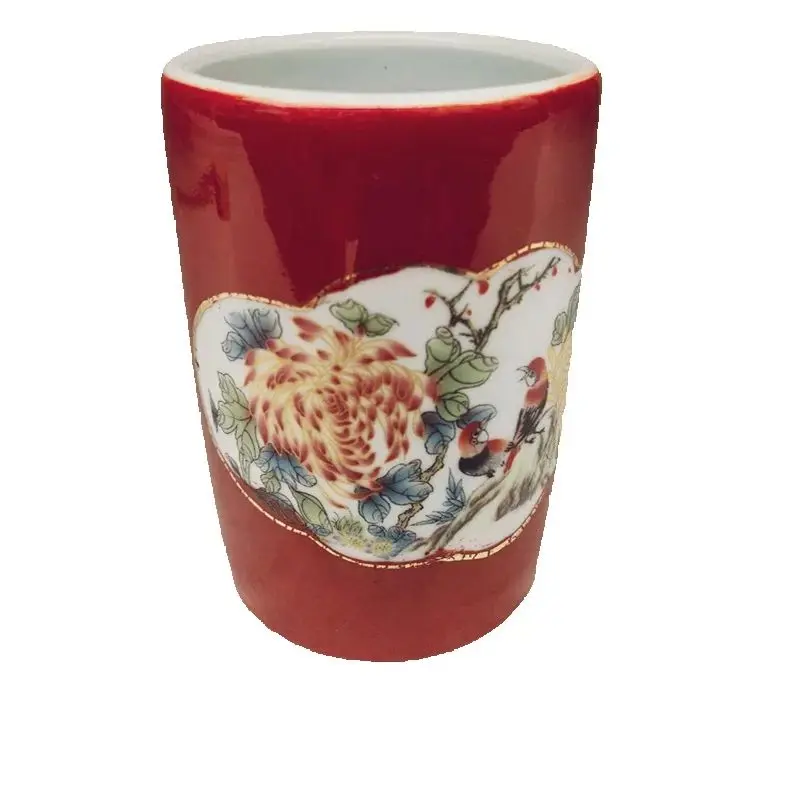 Chinese Old Porcelain Pen Holder Vase Red Enamel Flower And Bird Pattern Collectible Decorative Item