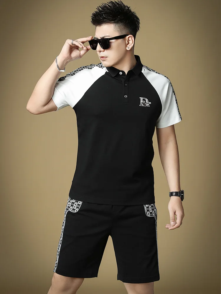 

Летний новый мужской комплект: футболка с коротким рукавом и шорты, модный брендовый повседневный спортивный костюм из хлопка, полиэстера и спандекса.