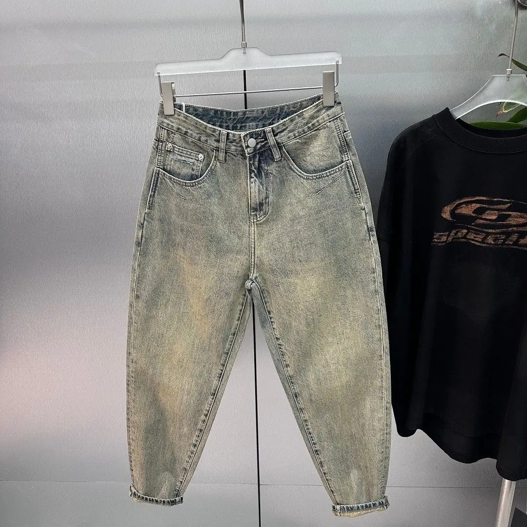 

Корейская роскошная мужская одежда 2025 года, классические ретро потертые джинсы, мужские свободные повседневные винтажные брюки-карго с маленькими ногами, мужские брюки