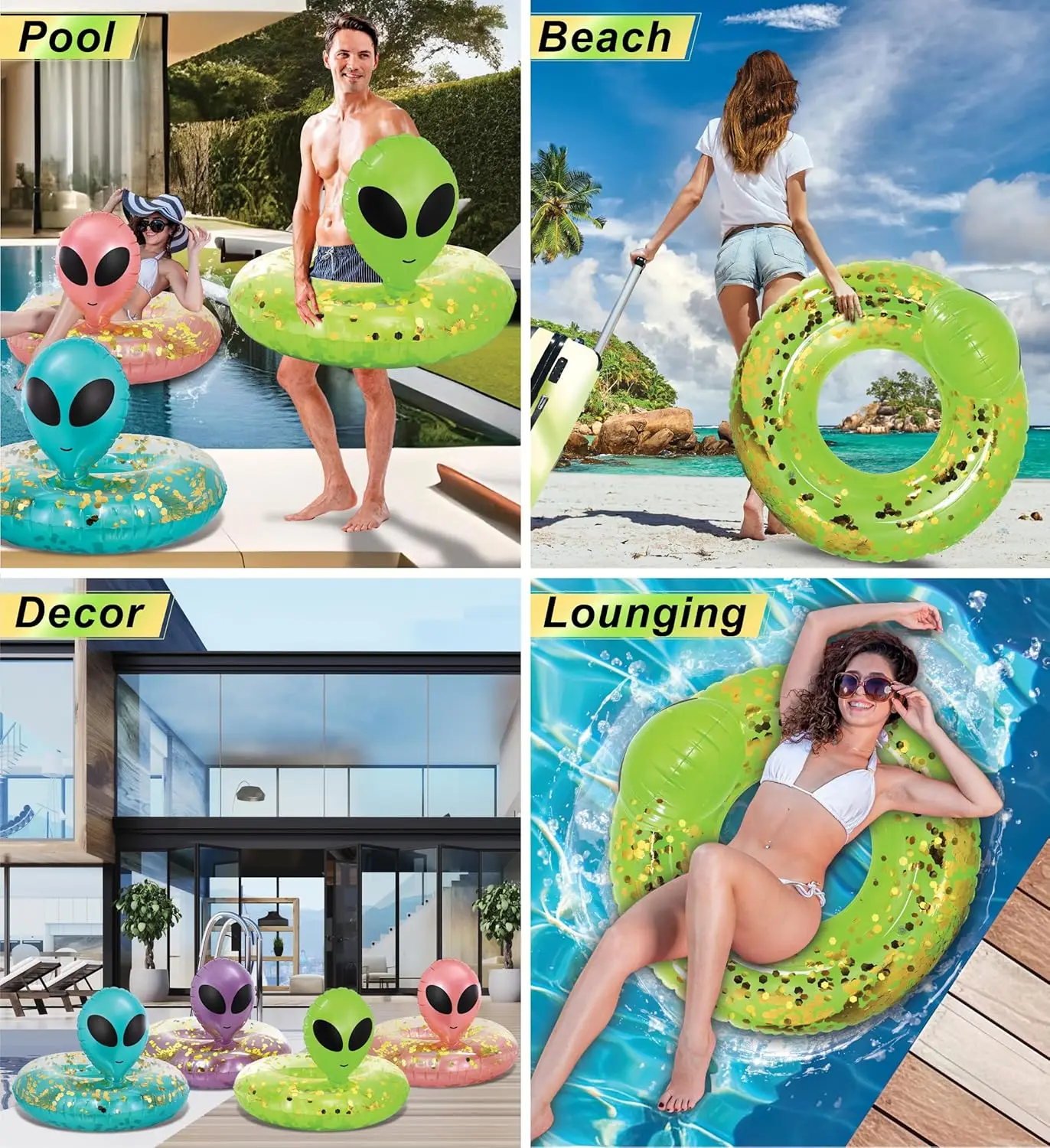 Tubo flotante inflable para piscina alienígena, vinilo resistente a los rayos UV, confeti para piscina, flotador de alienígena, flotador de piscina fresco, anillo de natación para piscina inflado