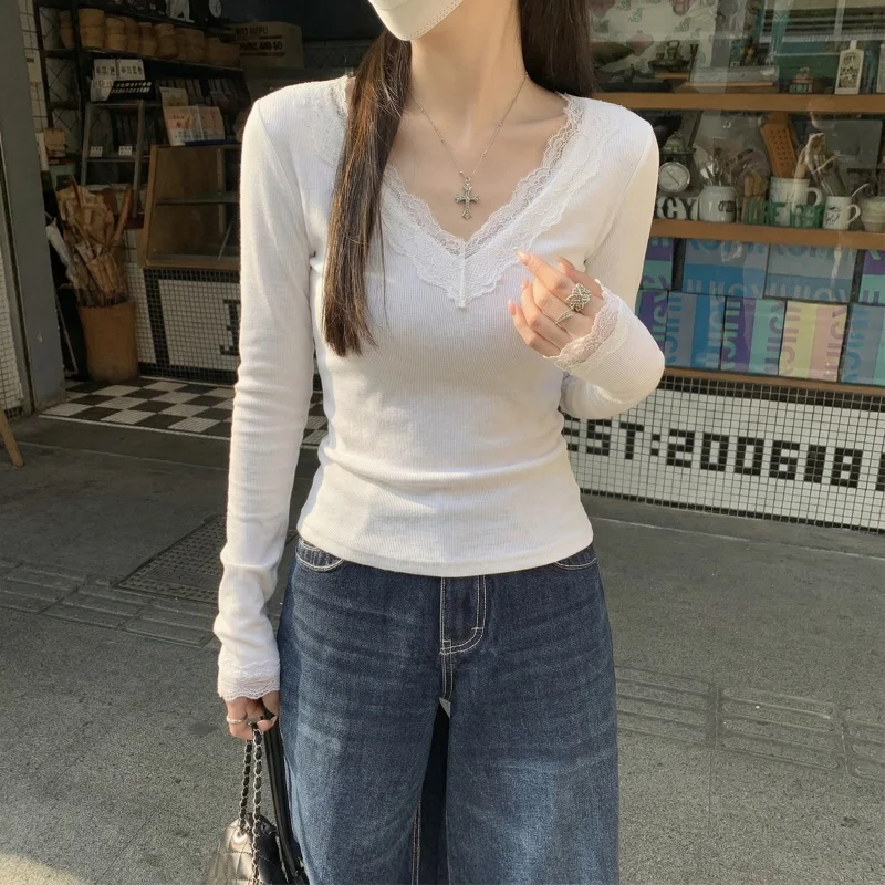 2026 Herbst Winter Damen T-Shirt V-Ausschnitt Spitzen-Top Weich Hautfreundlich Fleece-Gefüttert Langarm Thermo-T-Shirt für Layering – Detail 16