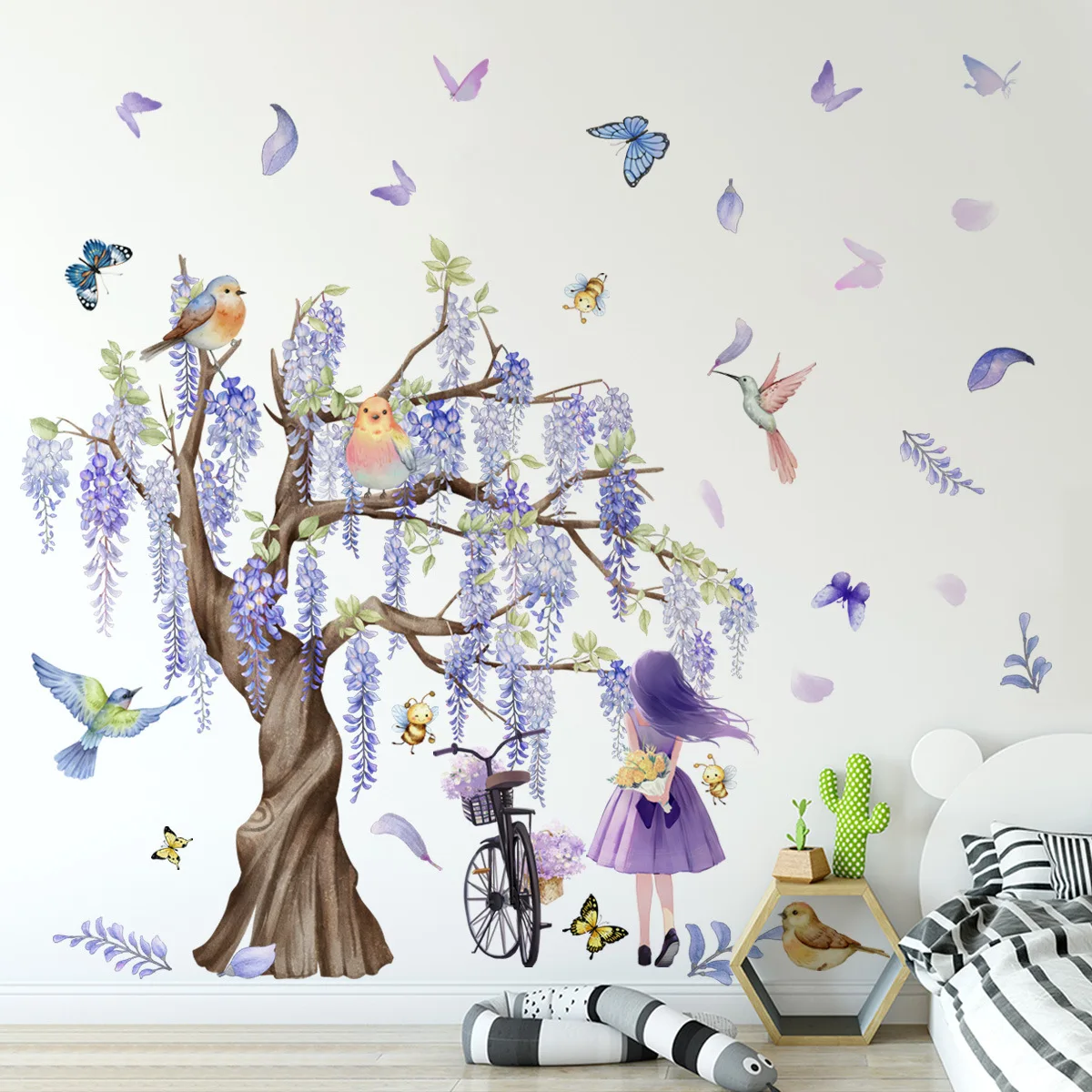 Cartoon animal girl bicycle wisteria flower wall sticker kindergarten children's room background wall sticker