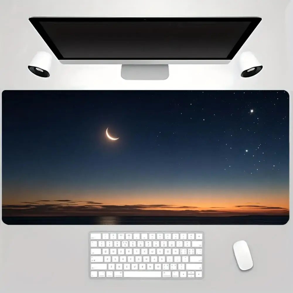 Sunset Dusk Crescent Moon Large Extended Mouse Pad, Starry Sky Landscape Desk Mat, Non Slip Rubber Base  Keyboard Mat