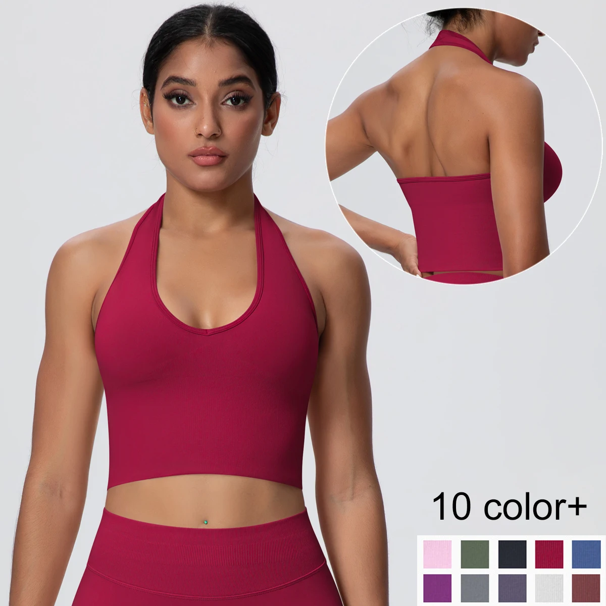 Woman's Sexy Solid Color Backless Hanging Neck Bra Yoga Vest Breathable Naked Feel Crop Top Gym Sports Running Female Yoga Vest
