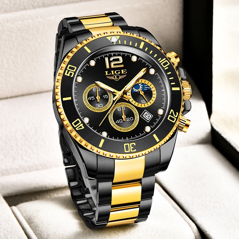 LIGE Fashion Gold Quartz Watches For Men Waterproof Sport Military Watch Men Casual Business Date Chronograph Relogio Masculino